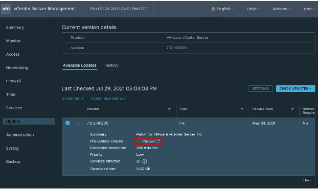 Comprobación de estado previa a la actualización
