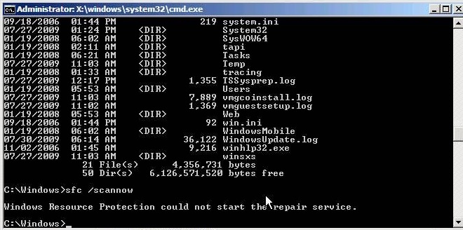 Командний рядок показує помилку захисту ресурсів Windows SFC /Scannow