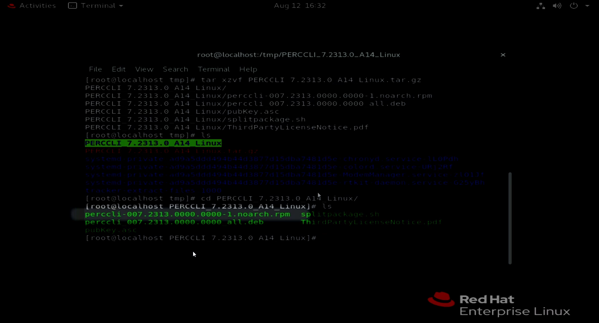 Resaltado del archivo rpm en el terminal.