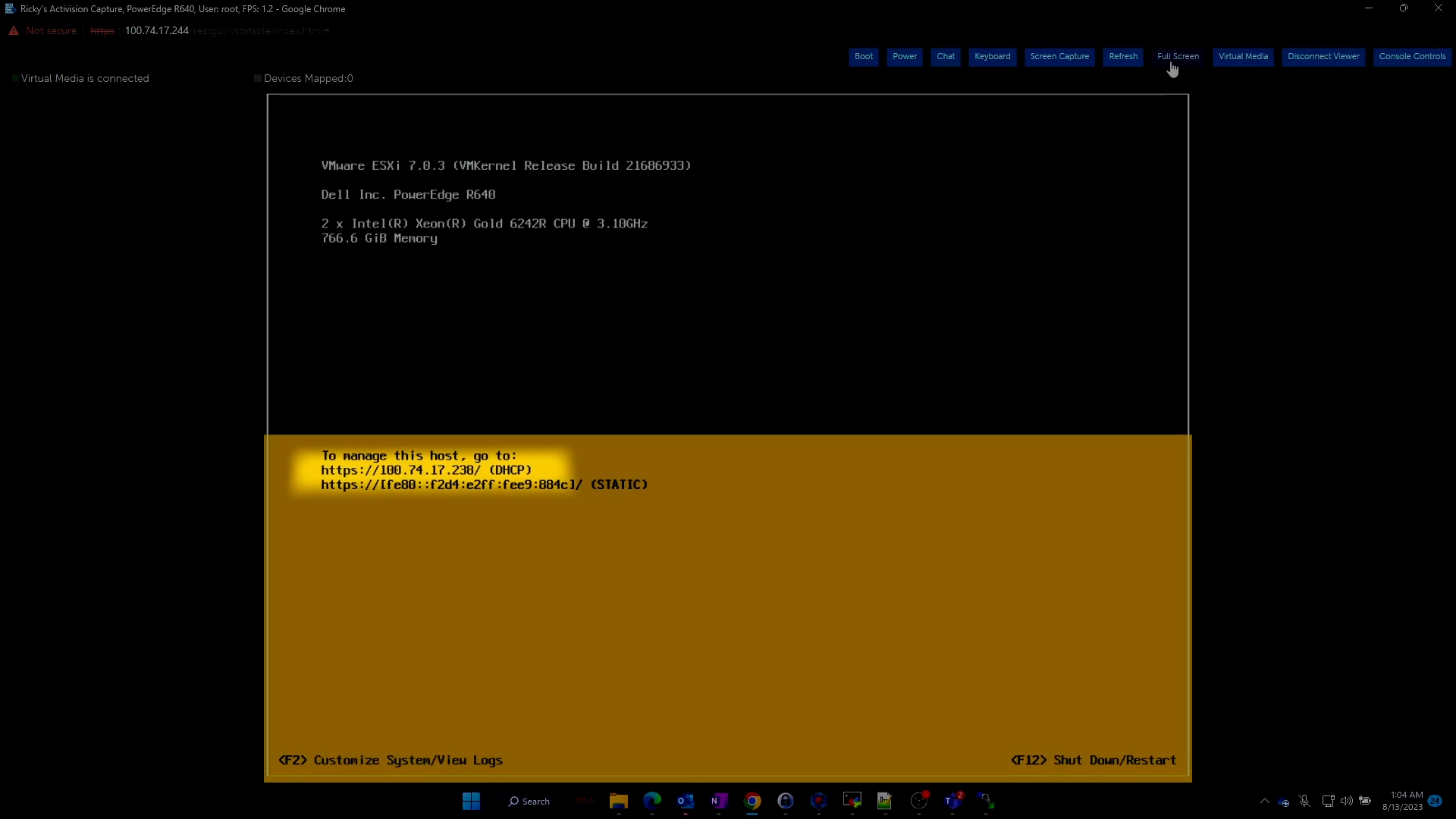 IP-адрес, отображаемый на главном экране ESXi.