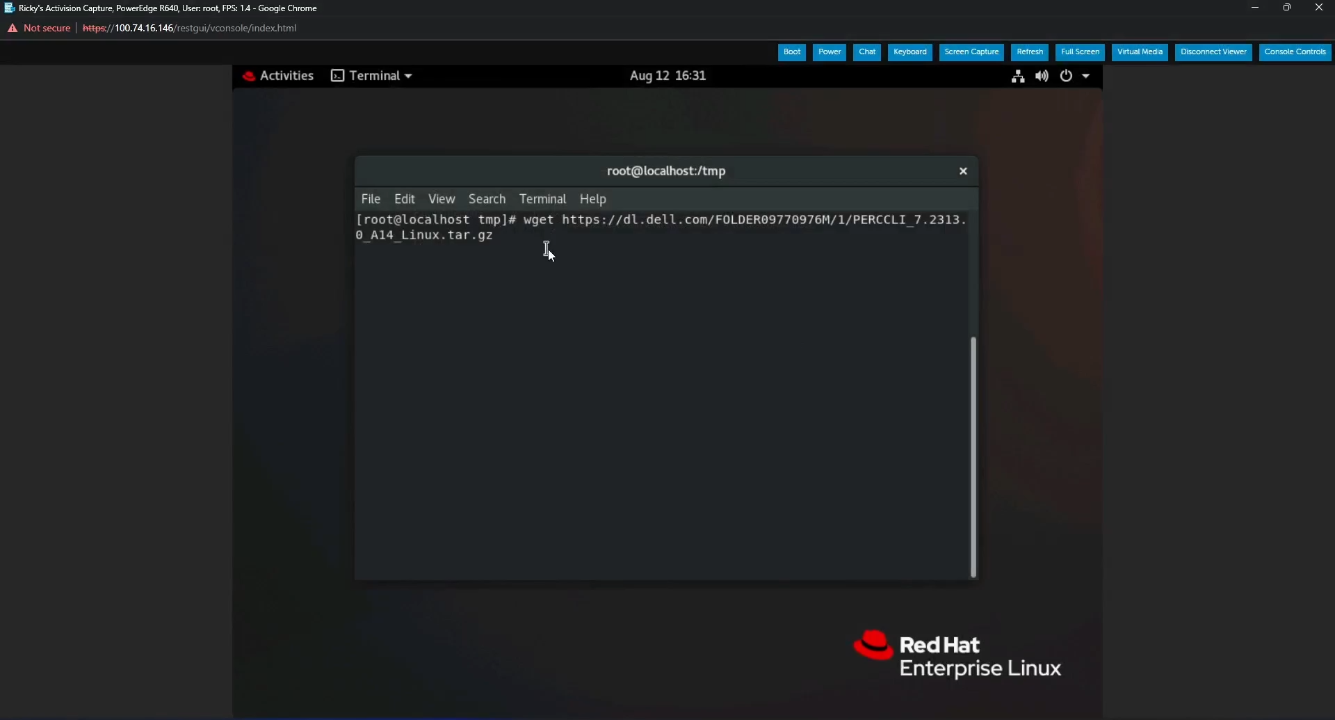 iDRAC 가상 클립보드를 사용하여 링크를 붙여 넣은 후 전체 링크가 포함된 터미널의 wget 명령