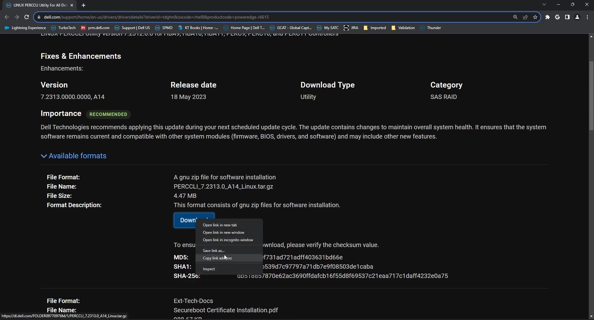 Het PERCCLI utility Linux-pakket downloaden van de supportwebsite van Dell