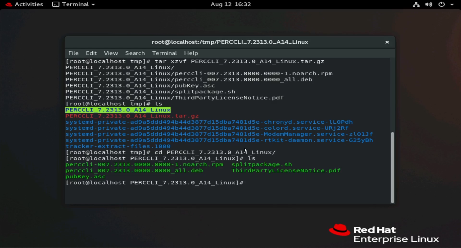 Lista de arquivos no diretório extraído. No RHEL, o arquivo rpm é usado.