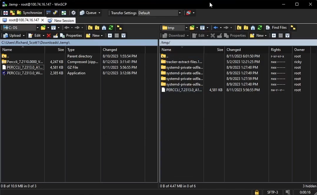 WinSCP mostrando o arquivo transferido.