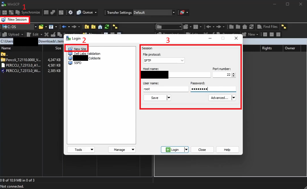 WinSCP-tiedot, jotka muodostavat yhteyden SFTP:n ja palvelimen kautta.