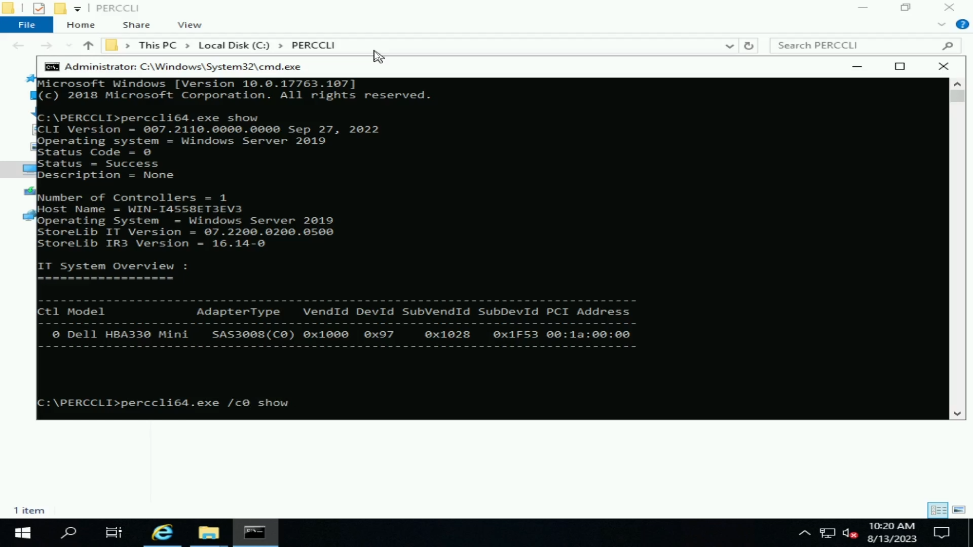 Befehl „show“ für PERCCLI-Controller.