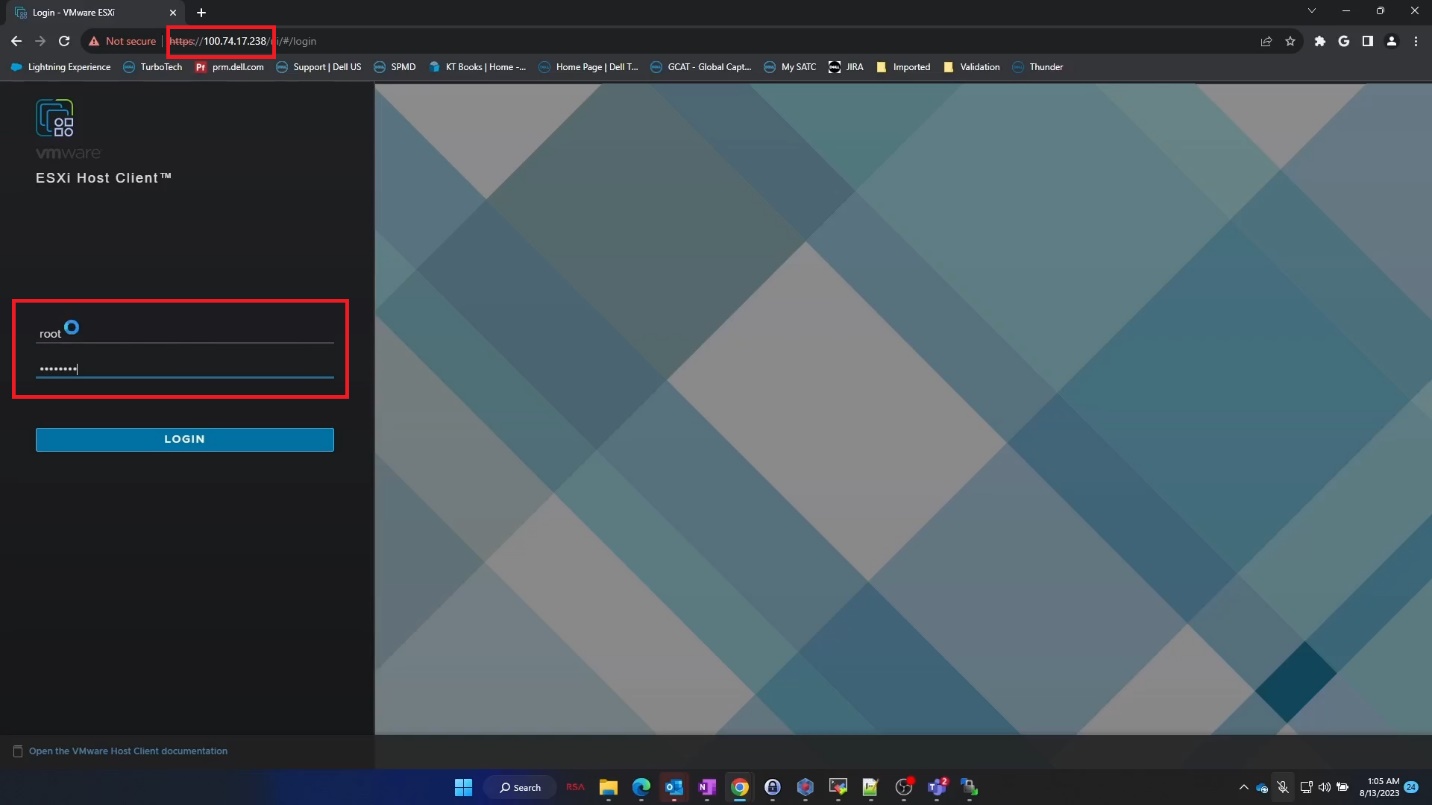 Přihlášení k webovému klientovi ESXi prostřednictvím prohlížeče.