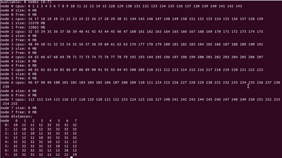 使用 Linux 作業 BIOS V1.4.6 輸出 numactl -H