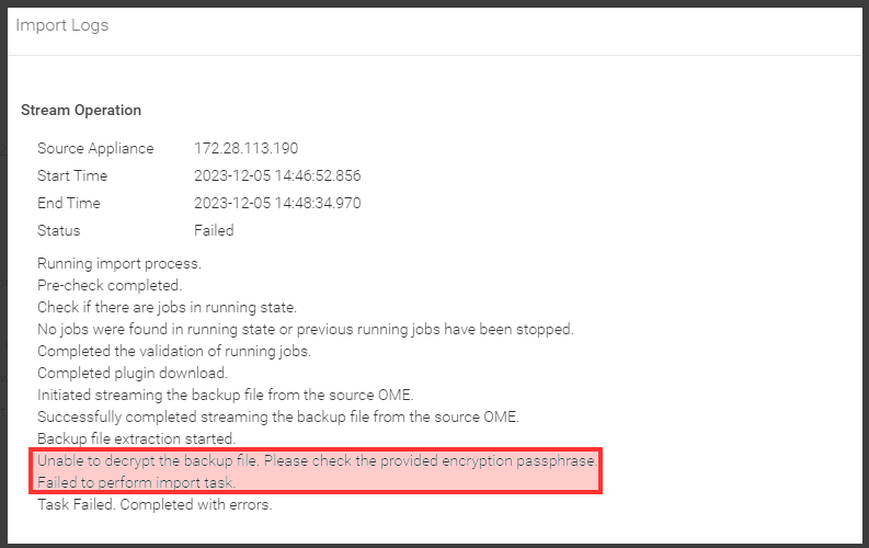Details van taakfout importeren met ontsleutelingsfout