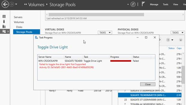 Windows Storage Spaces GUI 顯示失敗的 LED 作業