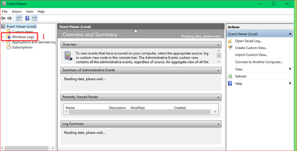 Selecione Log do Windows no programa Event Viewer
