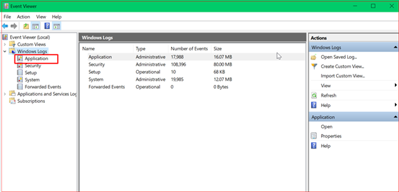 Logs do sistema e do aplicativo listados em Logs do Windows no Visualizador de Eventos