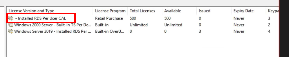 Schermafbeelding van Remote Desktop Licensing Manager, met CAL's zonder besturingssysteemversie