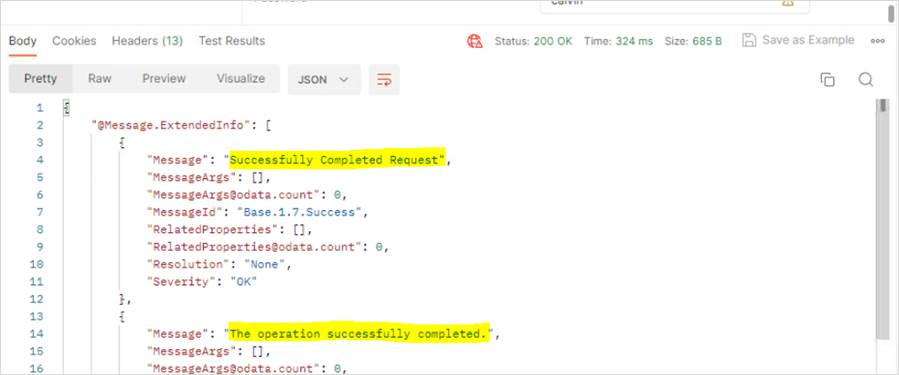 「Successfully Completed Request」と「The operation successfully completed」が出力に表示されます