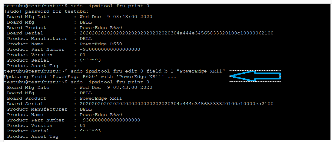 Výstup z CLI tisku $sudo ipmitool fru 0