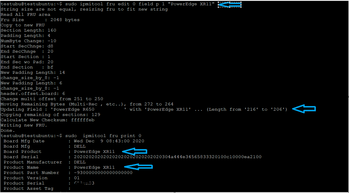 $sudo ipmitool fru edit 0 field p 1 “Product-Name” 的 CLI 输出
