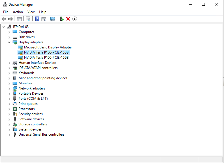 Device Manager met de NVIDIA Tesla P100 GPU geselecteerd