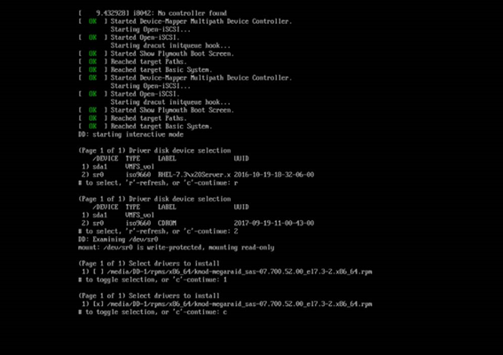 Inicio de instalación de RHEL que indica el uso de la imagen dd.iso