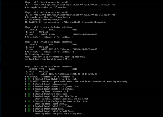 Etapa de arranque en la que se muestra el montaje de la ISO de RHEL después de la carga del controlador