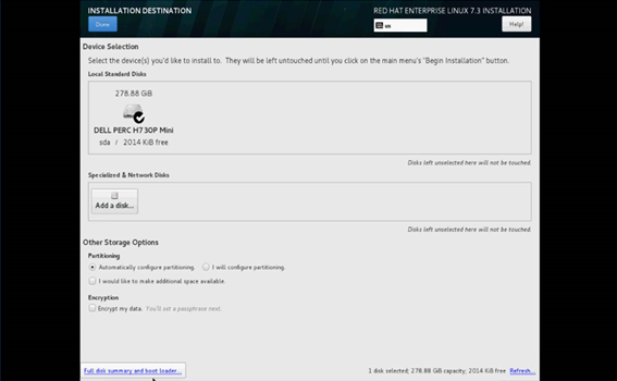 Instalación de RHEL en la que se muestra el almacenamiento correctamente