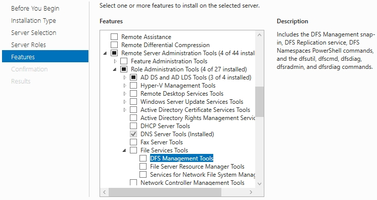 Assistent zum Hinzufügen von Features für die Installation der DFS-Managementtools