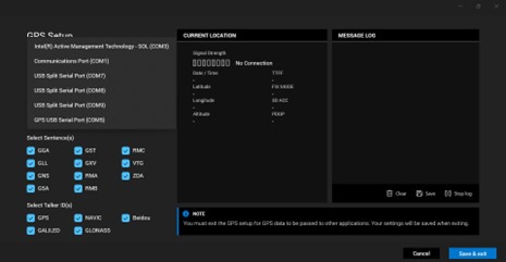 Wählen Sie einen Split-COM-Port, eine beliebige Baudrate und alle Talker (Satelliten) für die GPS-Einrichtung aus