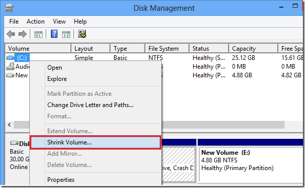 Shrink windows8 volume1