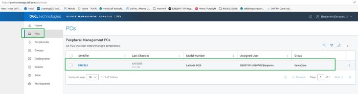 Værtscomputeren er nu registreret i Dell Device Management Console