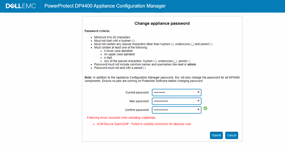 Screenshot of DP series error message, Failed to validate connection to idpauser user