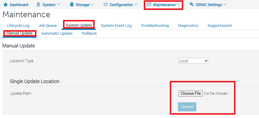 How to upload firmware in the iDRAC user interface