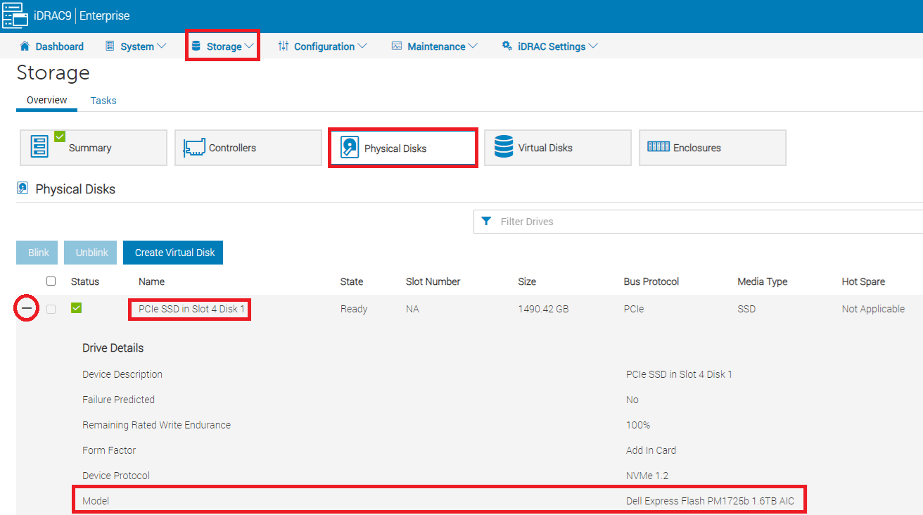 How to find the PCIe SSD card from the iDRAC user interface