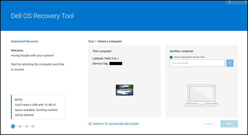 Strona główna aplikacji Dell OS Recovery Tool