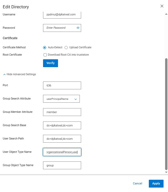 Advanced settings example for identity provider.
