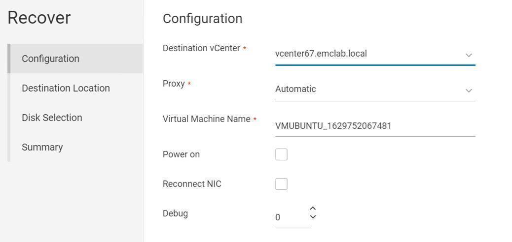 Procedura guidata di ripristino della VM NWUI, selezione vCenter di destinazione.