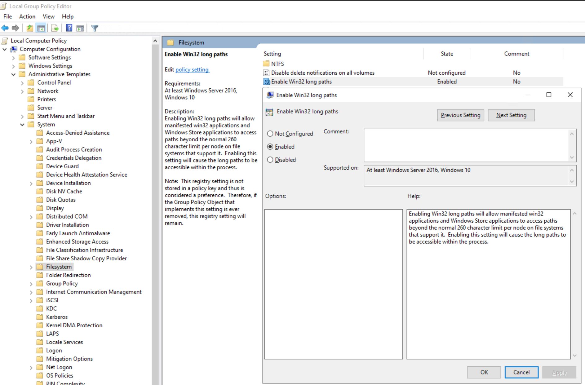 Aktivere lang Win32-bane i GPO Editor