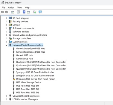 Żółty symbol w menedżerze urządzeń w przypadku nieznanego urządzenia USB (resetowanie portu nie powiodło się):