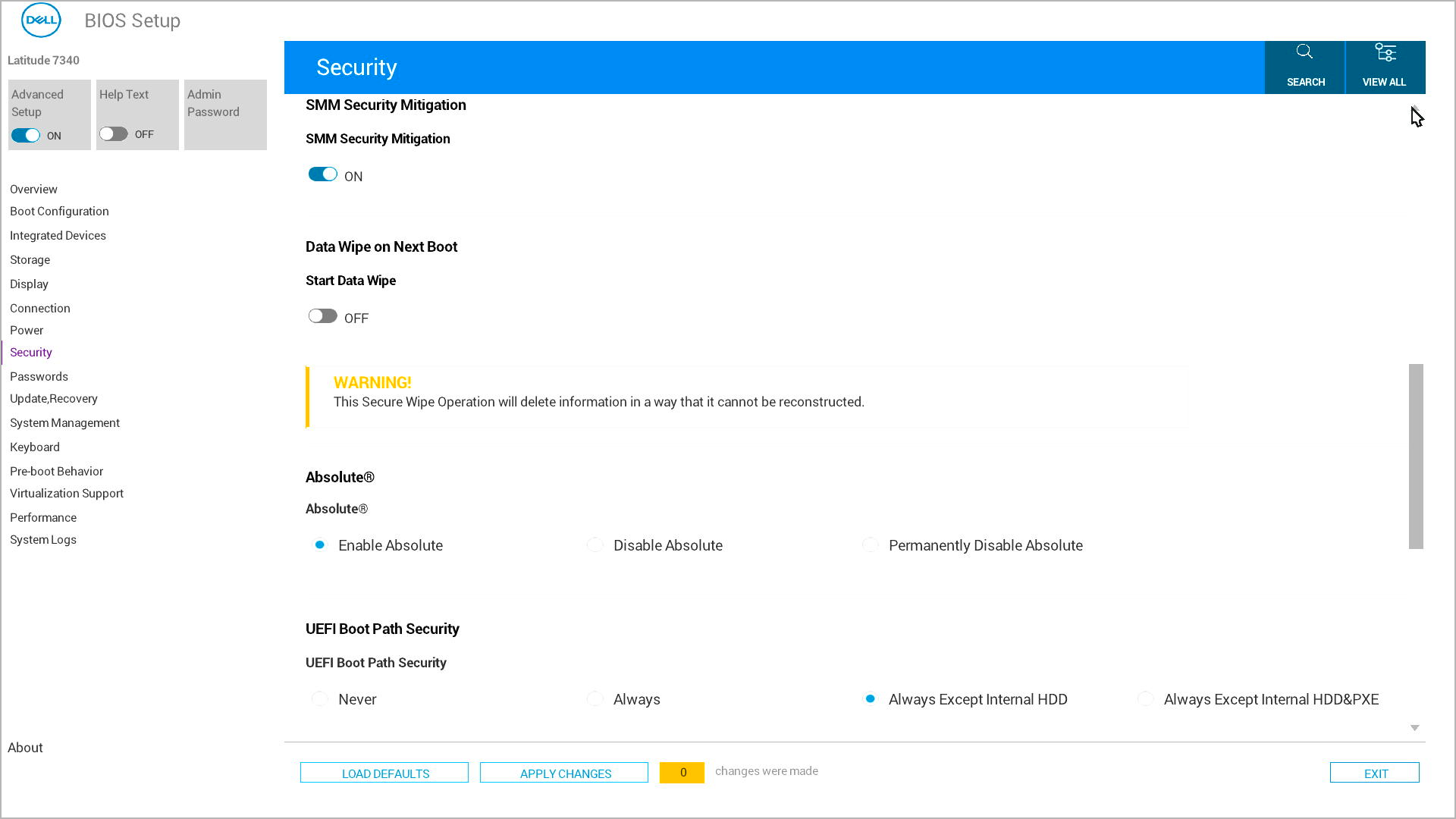 Dell Data Wipe option disabled in the BIOS of a Latitude laptop