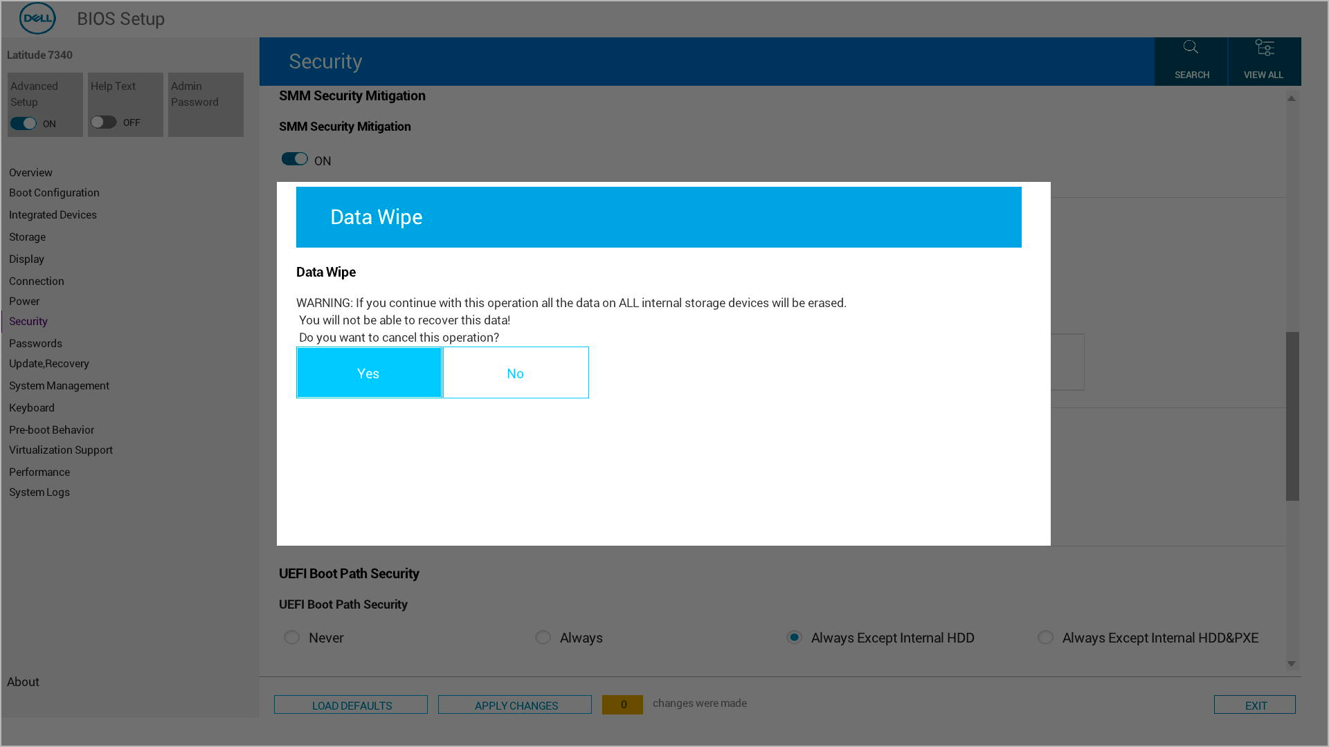 BIOS pop-up warning: Data Wipe will erase all internal storage irreversibly. Options: Yes or No to cancel.