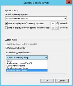 Liste déroulante Memory Dump des paramètres de démarrage et de restauration