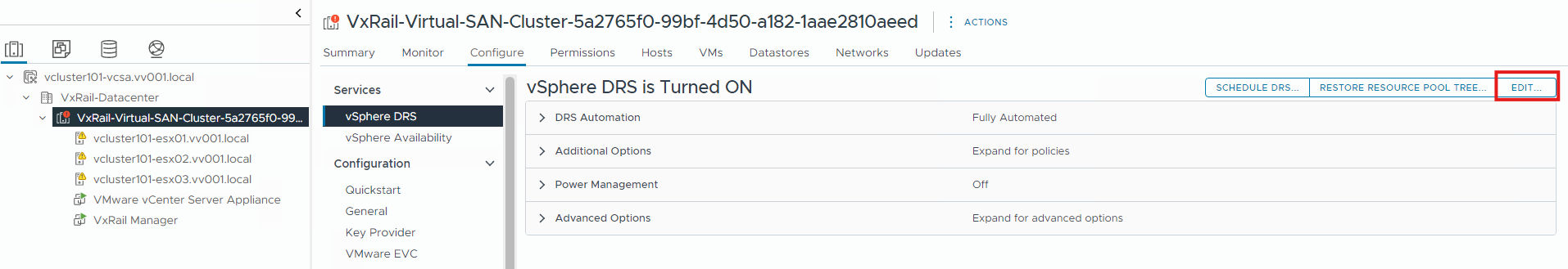 叢集 > 設定 > vSphere DRS 的螢幕擷取畫面