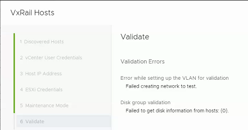 Erreur lors de la configuration du VLAN pour la validation : échec de la création du réseau à tester. Validation du groupe de disques Impossible d’obtenir des informations sur les disques des hôtes : {0}.