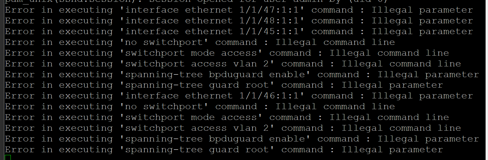 Error al ejecutar el comando 'interface ethernet 1/1/47:1:1': Parámetro no válido