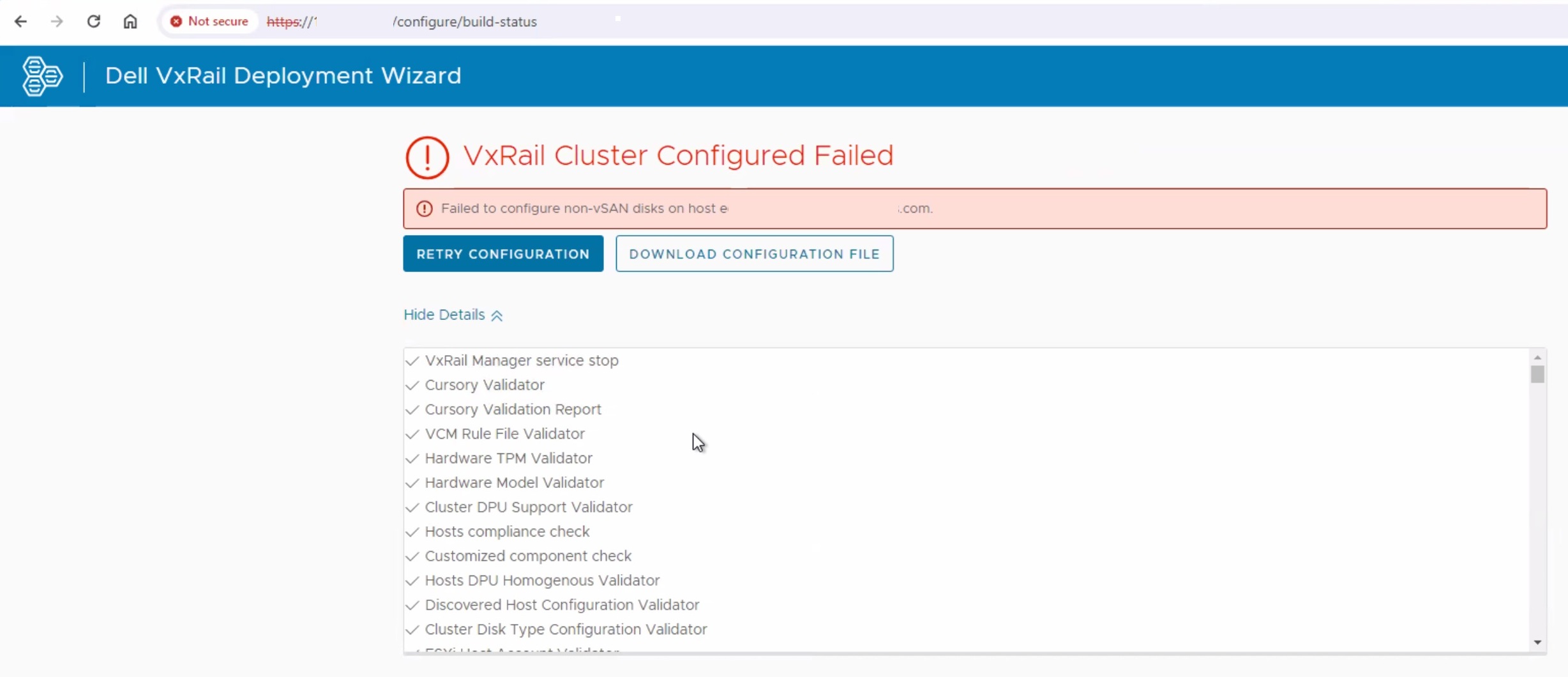 Imagen del error del asistente de implementación de VxRail
