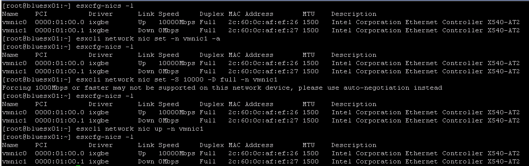 nicエラーを示すesxcliコマンドの結果。