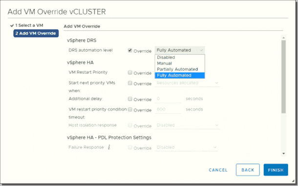 Interface utilisateur vSphere Client affichant les options vCluster de remplacement des machines virtuelles
