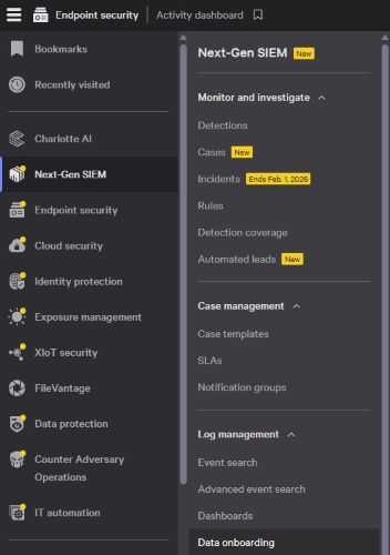 Cliccare su Next-Gen SIEM, quindi selezionare Data onboarding