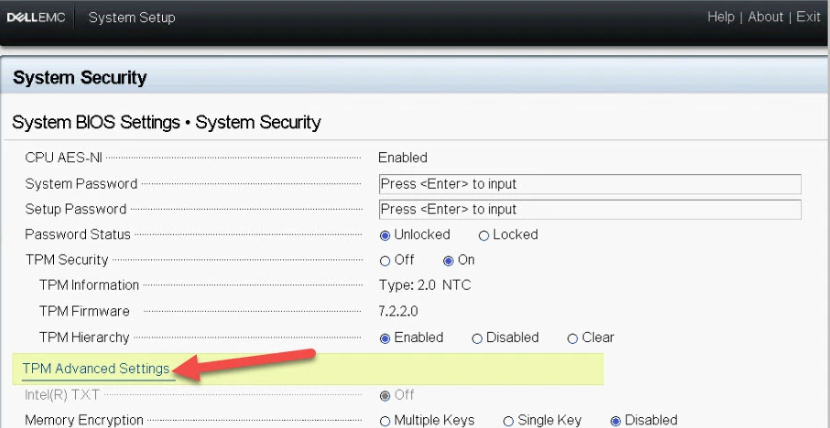 Screenshot che mostra le impostazioni di sicurezza del TPM.
