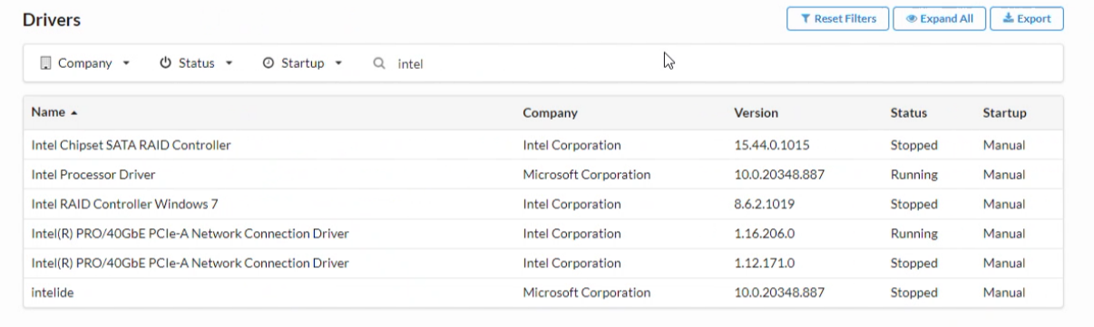 Ejemplo de versiones de los controladores Intel en los adaptadores de red que causan el problema