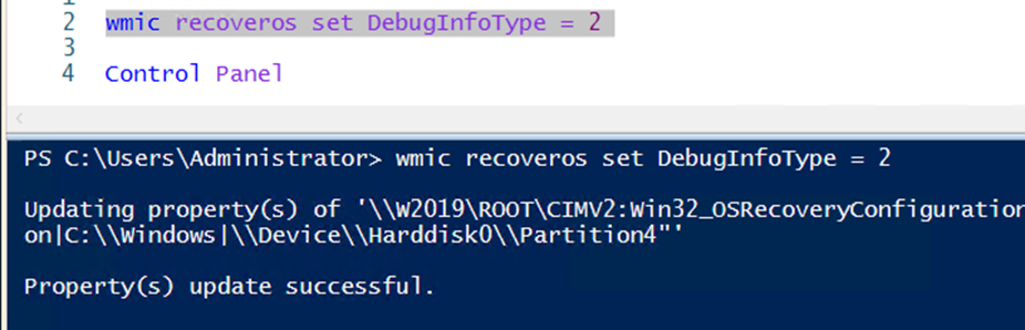「wmic recoveros set DebugInfoType = 2」コマンドを選択して実行します