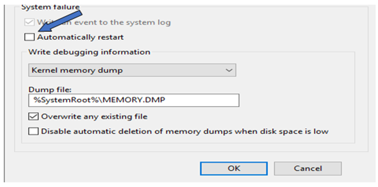 Automatically Restart 설정이 선택되어 있지 않은지 확인합니다.